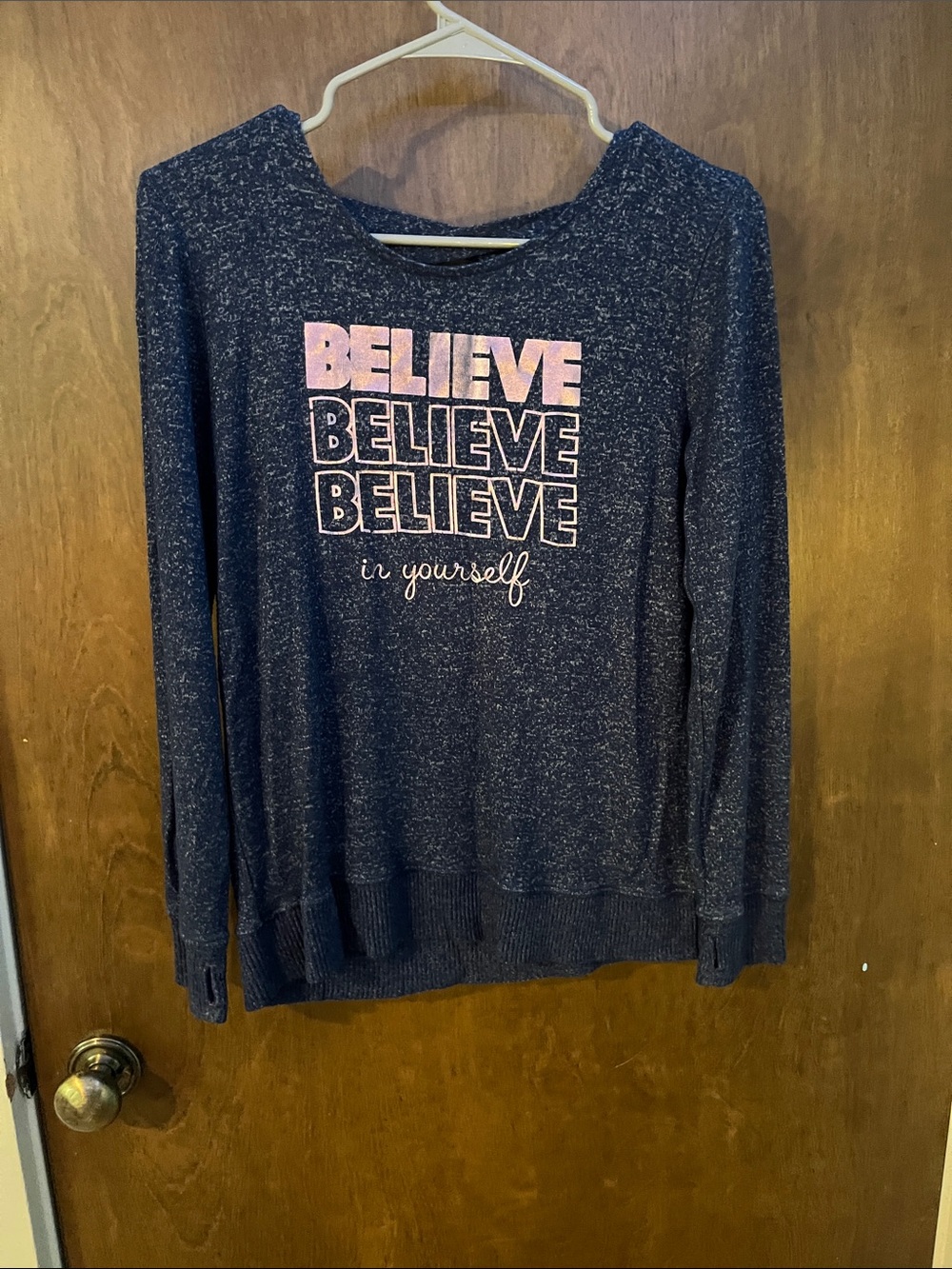 Xersion Navy Heather 'Believe' Graphic Long-Sleeve Sweatshirt